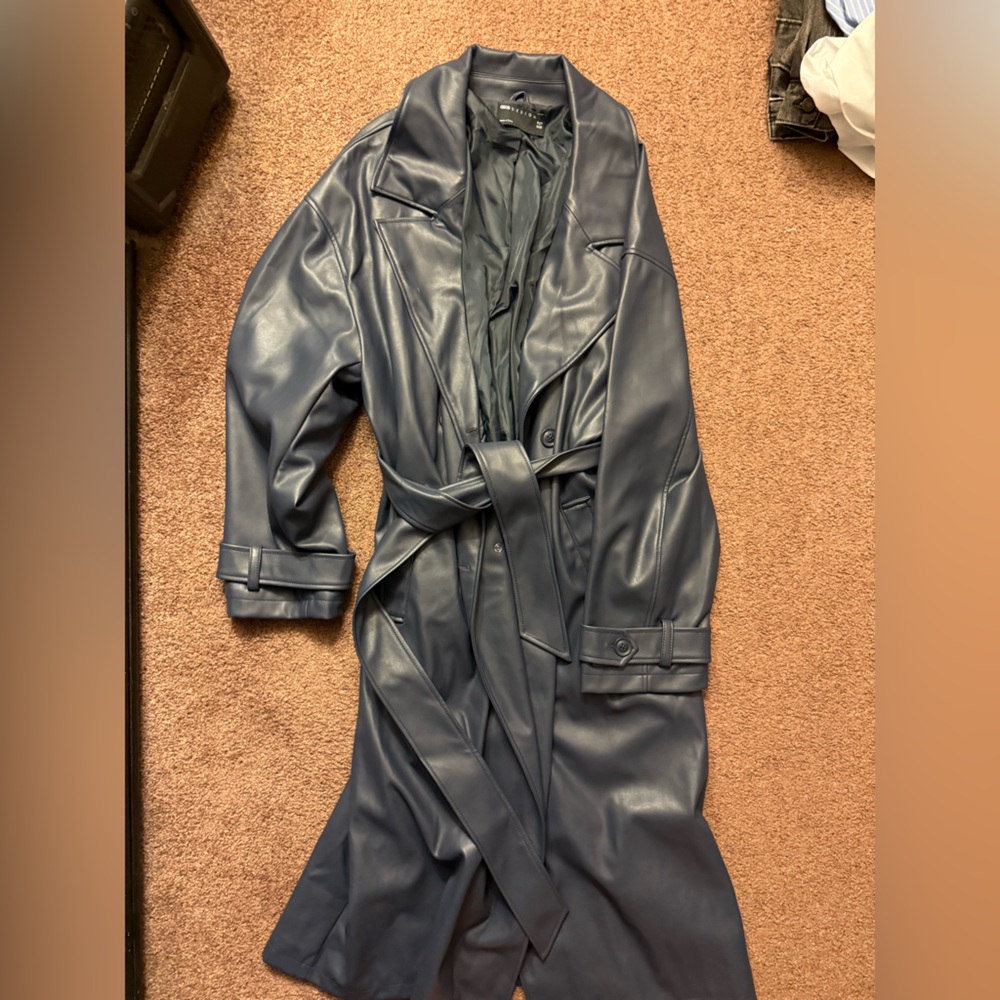 Mens leather trench coat navy XXL